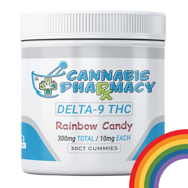 Front-facing jar of Cannabis Pharmacy Rainbow Candy 10mg THC Gummies, labeled with 300mg total Delta-9 THC content.