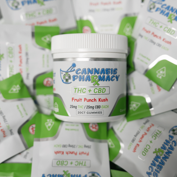 Premium Cannabis Pharmacy 1 1 Delta 9 THC Gummies 25mg THC & 25mg CBD – Fruit Punch Kush – 20ct for cannabis use