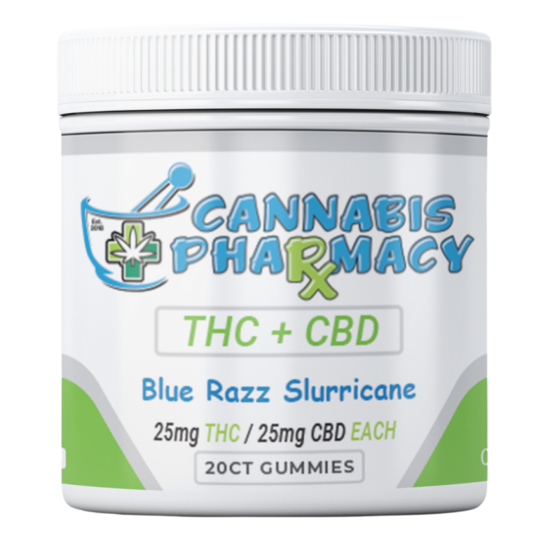 Front label of Cannabis Pharmacy Blue Razz Slurricane THC + CBD Gummies jar, displaying 25mg THC and 25mg CBD per gummy in a 20-count container.