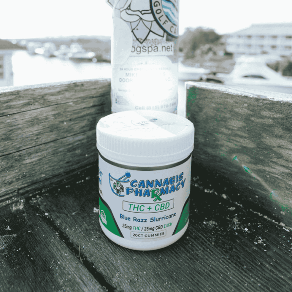 Blue Razz Slurricane D9 Gummies – 25mg THC & 25mg CBD, sweet and fruity cannabis edibles