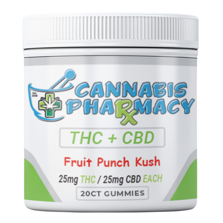 Front label of Cannabis Pharmacy Fruit Punch Kush D9 Gummies jar, showing 25mg THC and 25mg CBD per gummy.