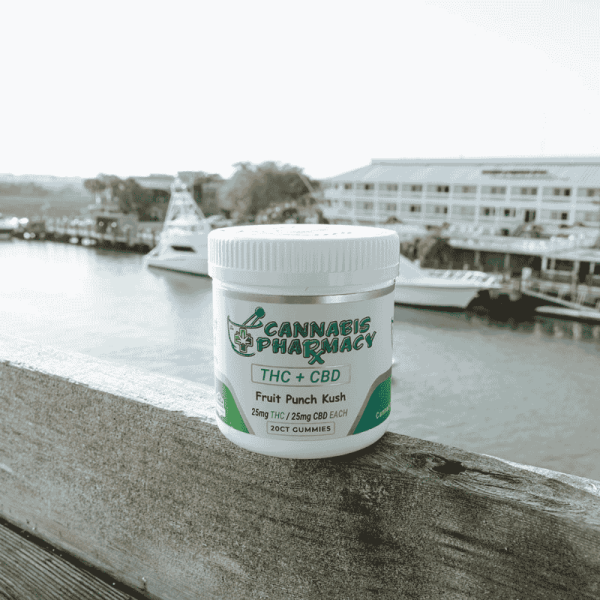 Fruit Punch Kush D9 Gummies – 25mg THC & 25mg CBD, 20-count, bursting with fruity flavor