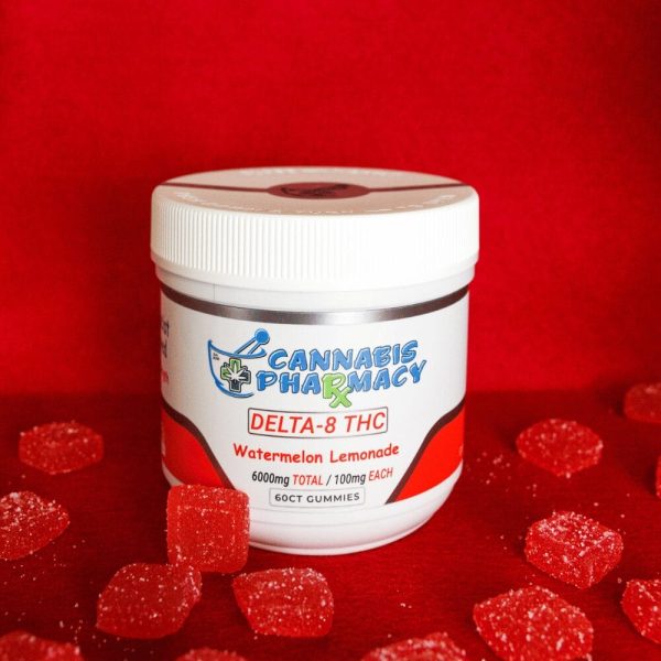 A white jar labeled "Watermelon Lemonade 100mg Delta 8 Gummies," containing 60 red, high-potency gummies designed for lasting relief and flavor.