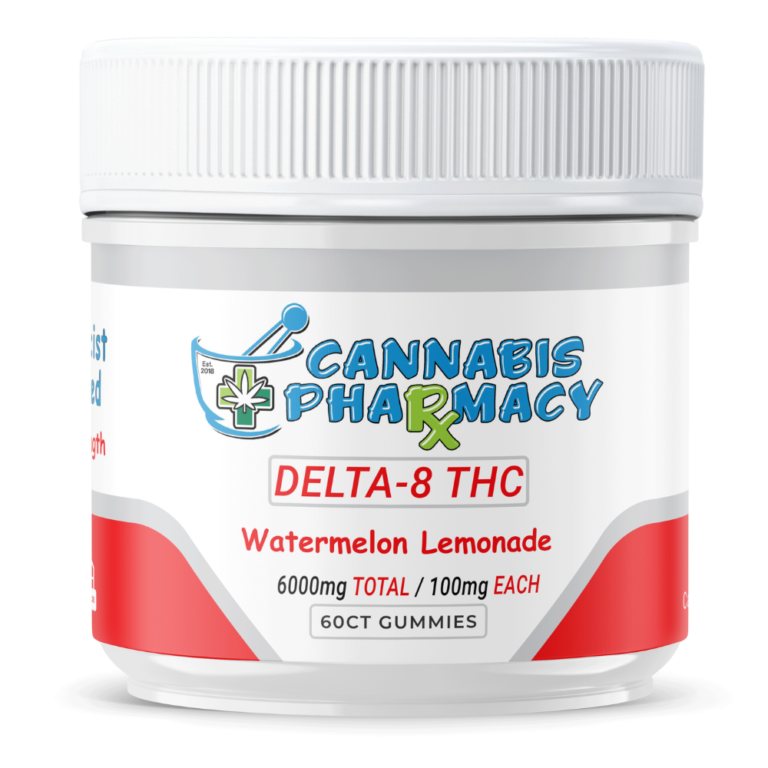 Front of Watermelon Lemonade 100mg D8 Gummies package with vibrant watermelon and lemonade design