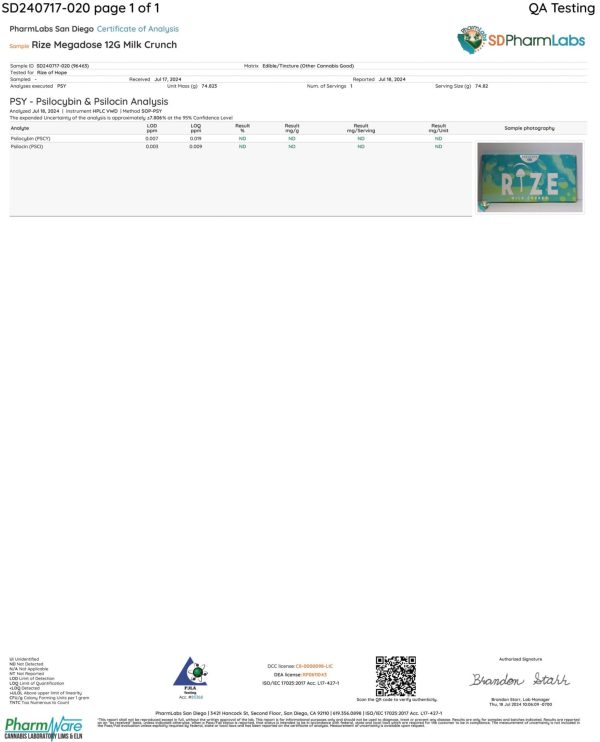 Front of Lab Test for Milk Crunch Mushroom Chocolate Bar displaying official lab results with branding and certification details