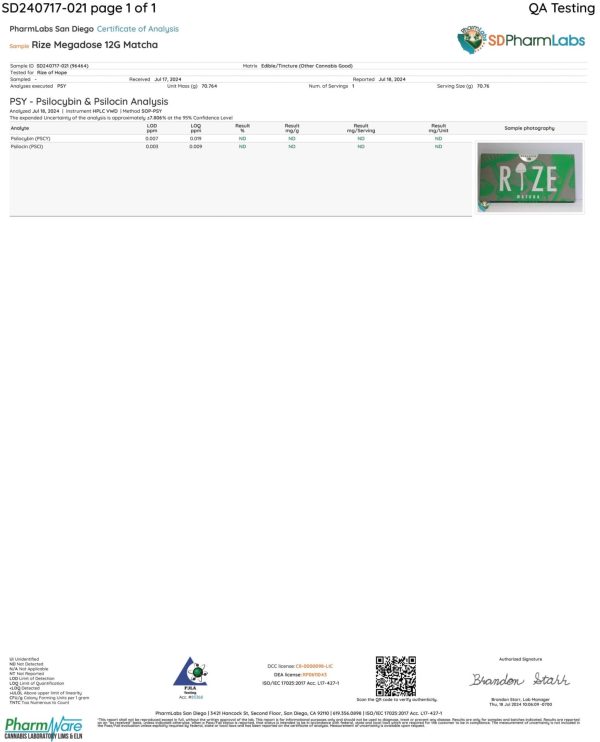 Front of Lab Test for Matcha Mushroom Chocolate Bar displaying official lab results with branding and certification details