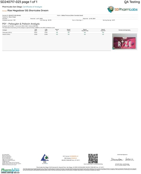 Front of Lab Test for Shortcake Dream Mushroom Chocolate Bar displaying official lab results with branding and certification details