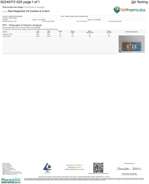Front of Lab Test for 5g Cookies & Cream Mushroom Chocolate Bar displaying official lab results with branding and certification details
