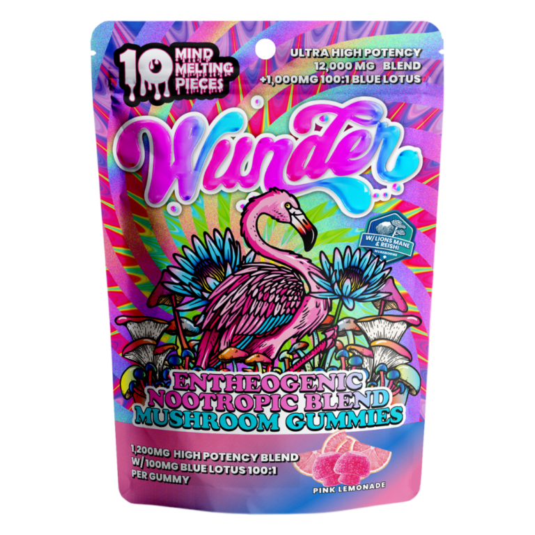Front of Pink Lemonade Mushroom Gummies with Blue Lotus package featuring vibrant pink lemonade-inspired artwork with sleek, modern design
