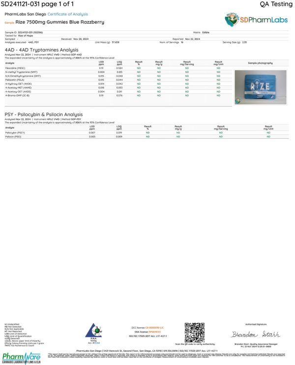 Front of Lab Test for Rize Blue Razzberry Mushroom Gummies displaying official lab results with branding and certification details