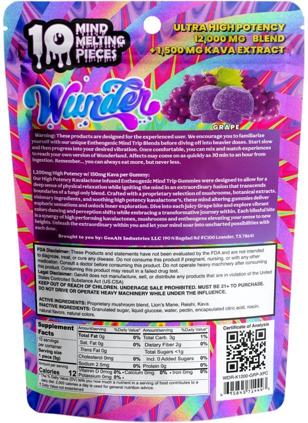 Back of Grape Mushroom Gummies with Kava package displaying ingredient list, dosage information, and nutritional details