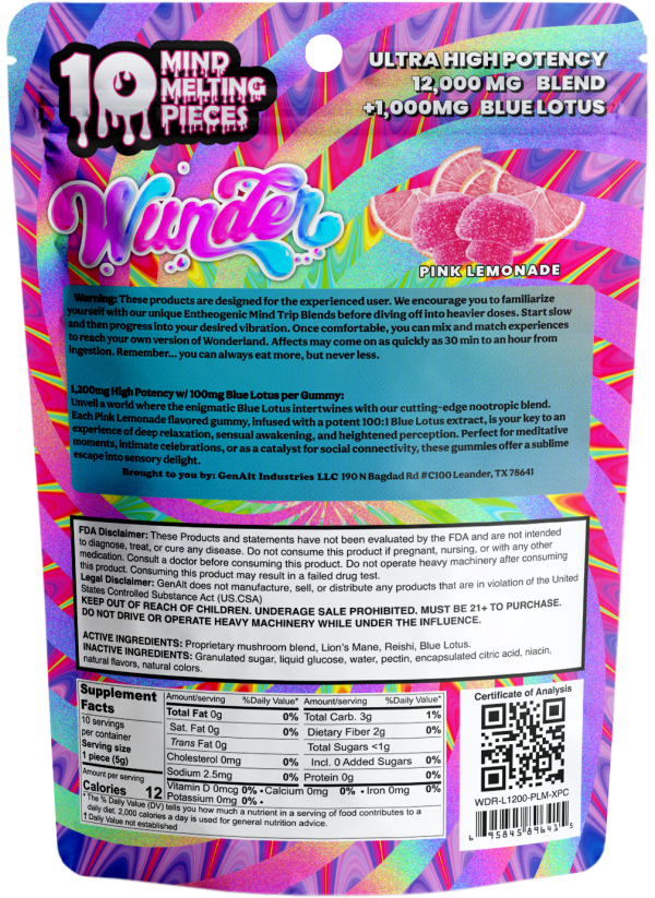 Back of Pink Lemonade Mushroom Gummies with Blue Lotus package displaying ingredient list, dosage information, and nutritional details