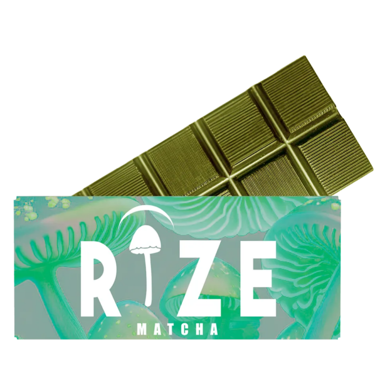 Front of Rize Matcha Mushroom Chocolate Bar package featuring sleek design and matcha-inspired artwork