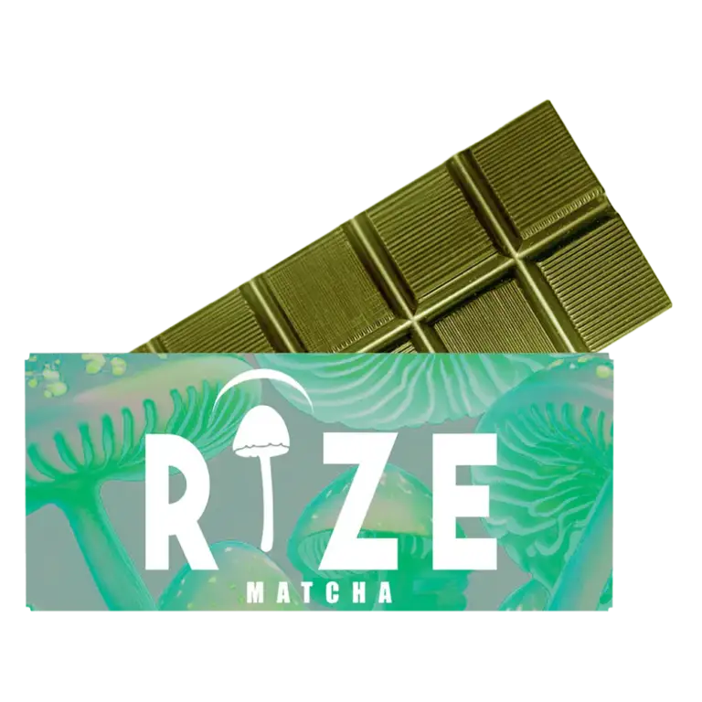 Front of Rize Matcha Mushroom Chocolate Bar package featuring sleek design and matcha-inspired artwork