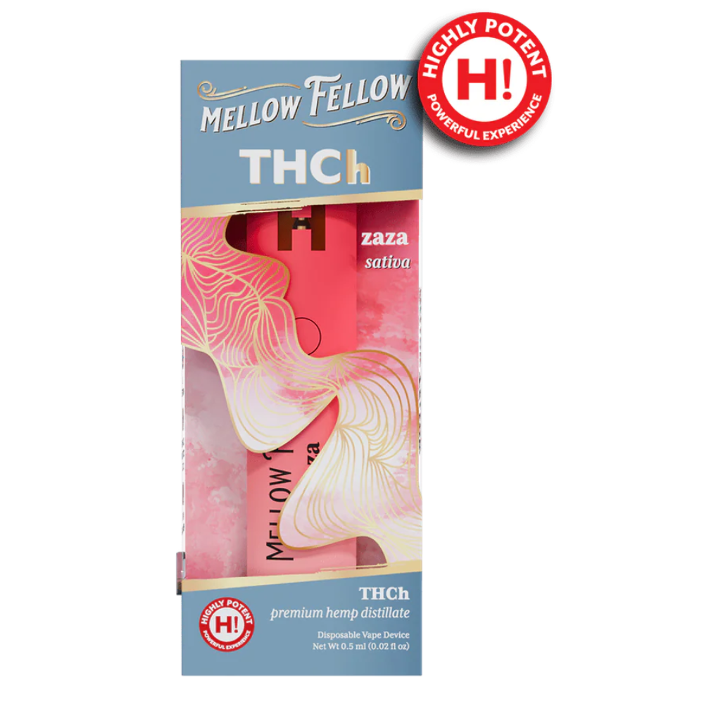 Front of Mellow Fellow Zaza THCH Vape package featuring sleek, modern design with bold, strain-inspired artwork