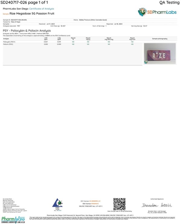Front of Lab Test for Rize Passion Fruit Mushroom Chocolate Bar displaying official lab results with branding and certification details