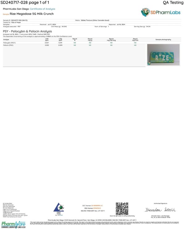 Front of Lab Test for Rize Milk Crunch Mushroom Chocolate Bar displaying official lab results with branding and certification details