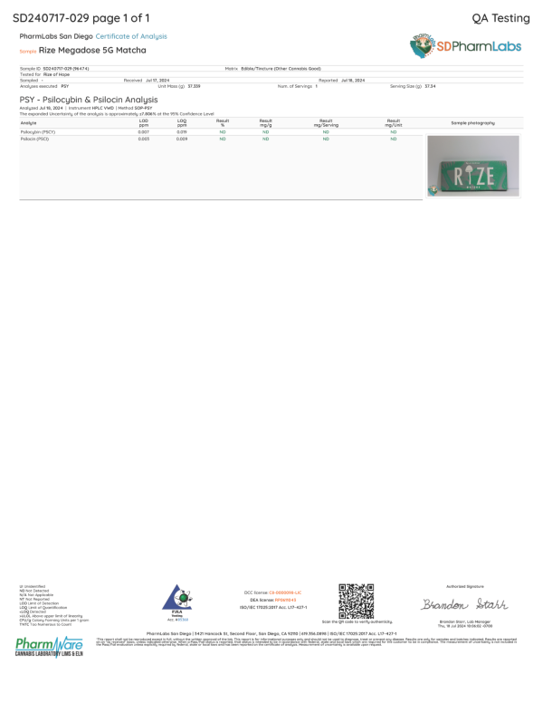 Front of Lab Test for Rize Matcha Mushroom Chocolate Bar displaying official lab results with branding and certification details