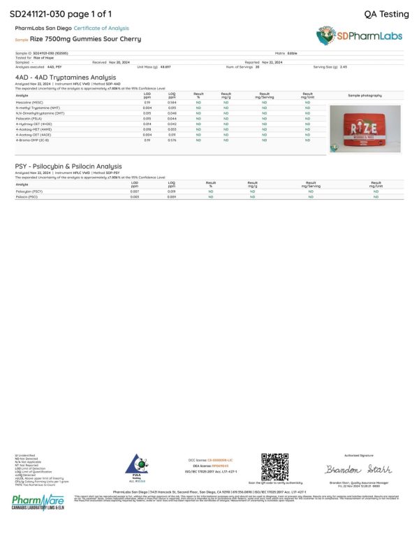Front of Lab Test for Rize Super Cherry Mushroom Gummies displaying official lab results with branding and certification details