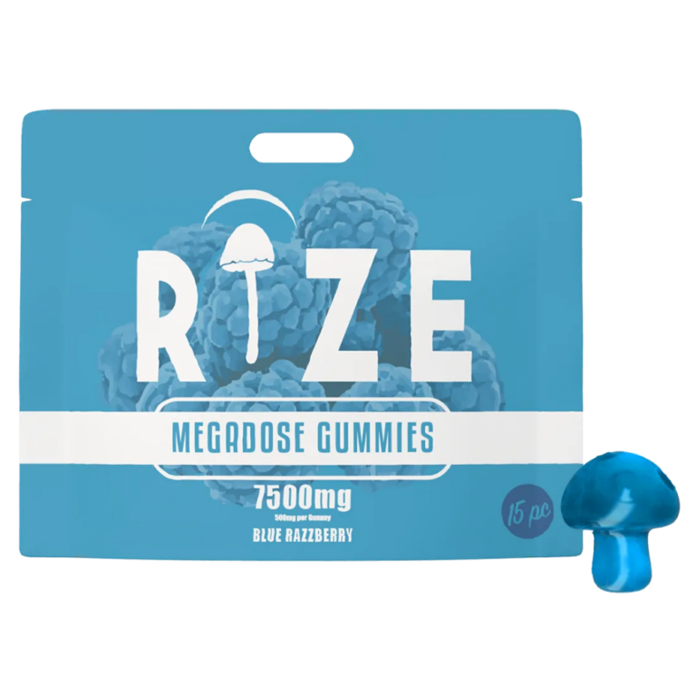 Front of Rize Blue Razzberry Mushroom Gummies package featuring sleek design and vibrant blue razzberry-inspired artwork