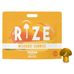 Front of Rize Mango Mushroom Gummies package featuring sleek design and vibrant mango-inspired artwork