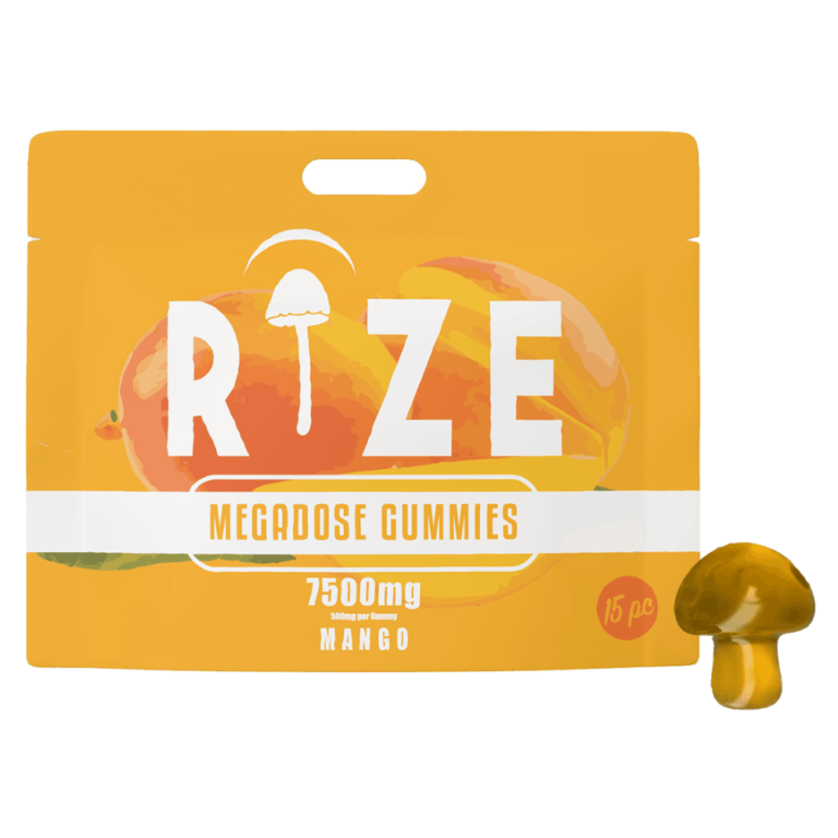 Front of Rize Mango Mushroom Gummies package featuring sleek design and vibrant mango-inspired artwork