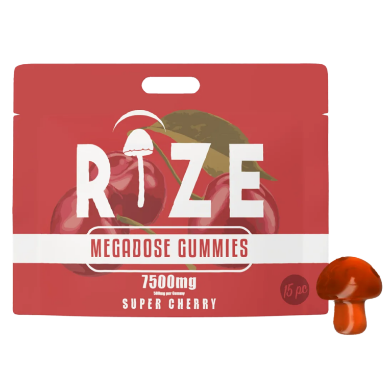 Front of Rize Super Cherry Mushroom Gummies package featuring sleek design and bold cherry-inspired artwork