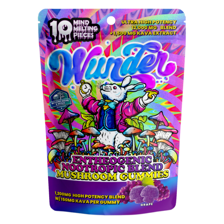 Front of Grape Mushroom Gummies with Kava package featuring bold grape-inspired artwork with sleek, modern design