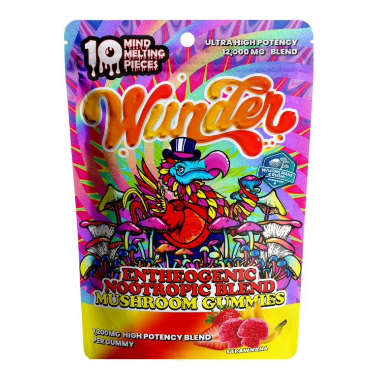 Front of High Potency Strawnana Mushroom Gummies package featuring vibrant strawberry and banana-inspired artwork with sleek, modern design