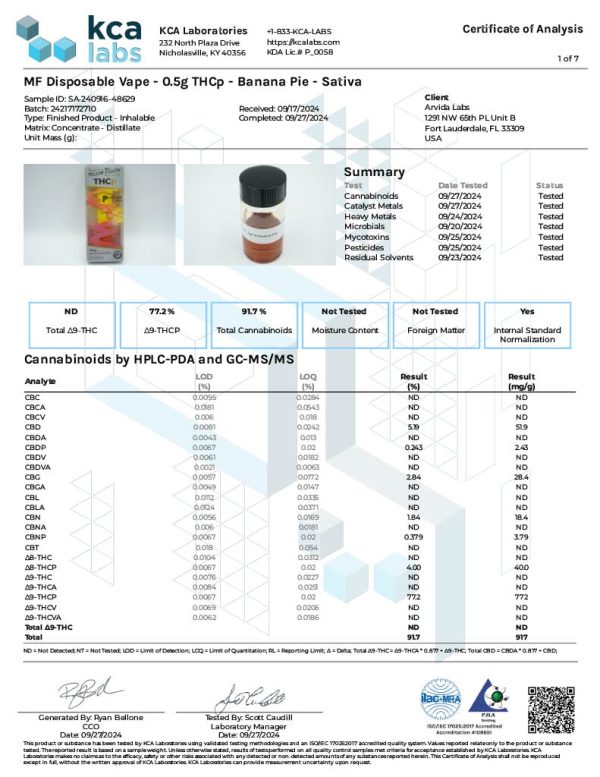 Lab Test Report - Page 4 for Banana Pie THCP Vape - Contaminant Screening