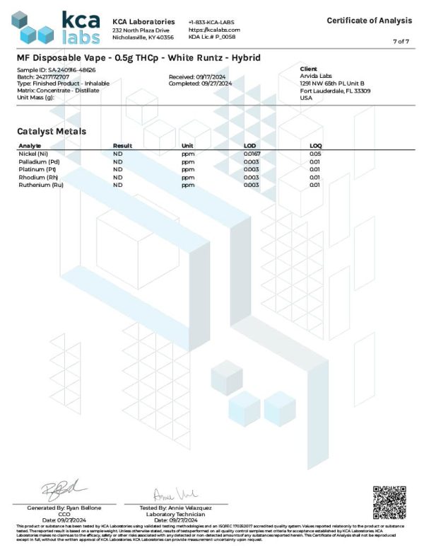 Lab Test Report - Page 4 for White Runtz THCP Vape - Contaminant Screening