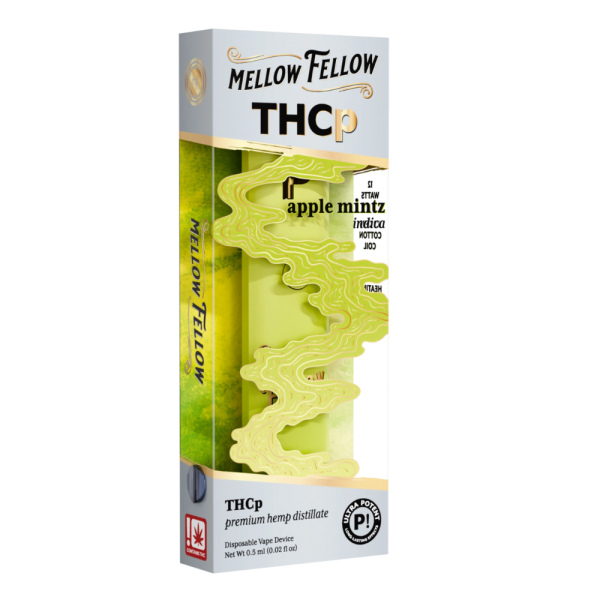 Left side of Apple Mintz THCP Vape displaying dosage information, ingredients, and safety warnings