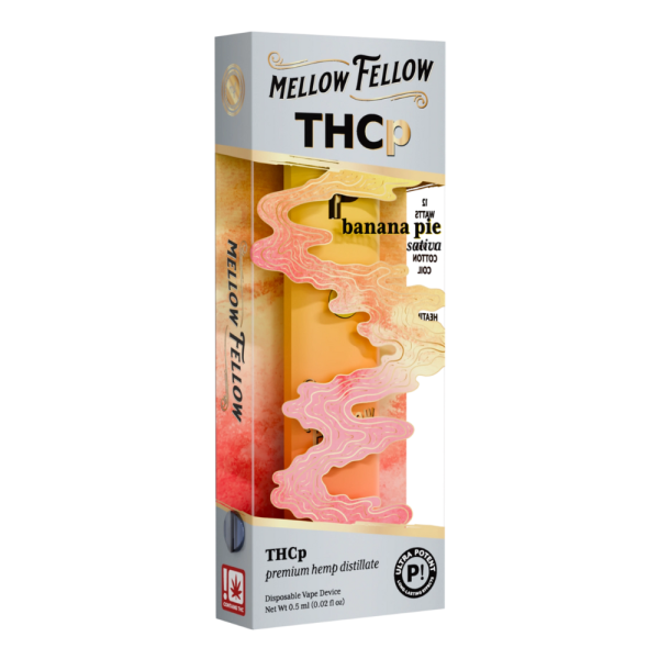 Left side of Banana Pie THCP Vape displaying dosage information, ingredients, and safety warnings
