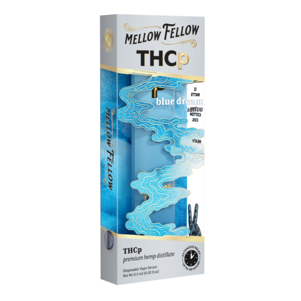Left side of Blue Dream THCP Vape displaying dosage information, ingredients, and safety warnings