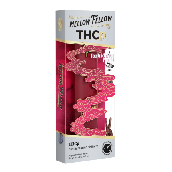 Left side of Forbidden Fruit THCP Vape displaying dosage information, ingredients, and safety warnings