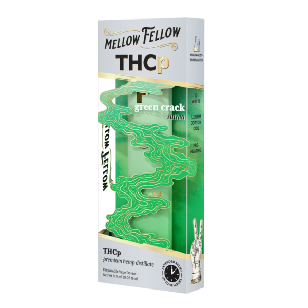 Right side of Green Crack THCP Vape showing product details, strain information, and branding