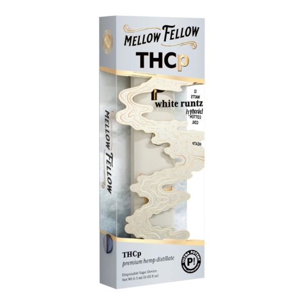 Left side of White Runtz THCP Vape displaying dosage information, ingredients, and safety warnings