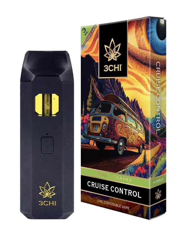 Front of True Strains Cruise Control THC Vape package featuring sleek, modern design with smooth, motion-inspired artwork