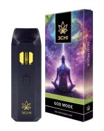 Front of True Strains God Mode THC Vape package featuring sleek, modern design with divine, celestial-inspired artwork