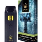 Front of True Strains Hammer of God THC Vape package featuring sleek, modern design with powerful, lightning-charged artwork