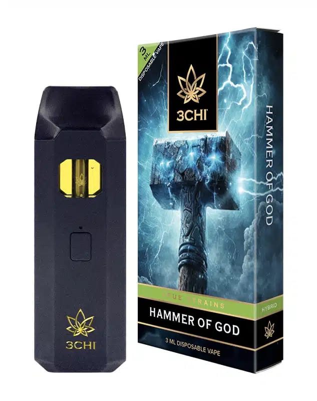 Front of True Strains Hammer of God THC Vape package featuring sleek, modern design with powerful, lightning-charged artwork