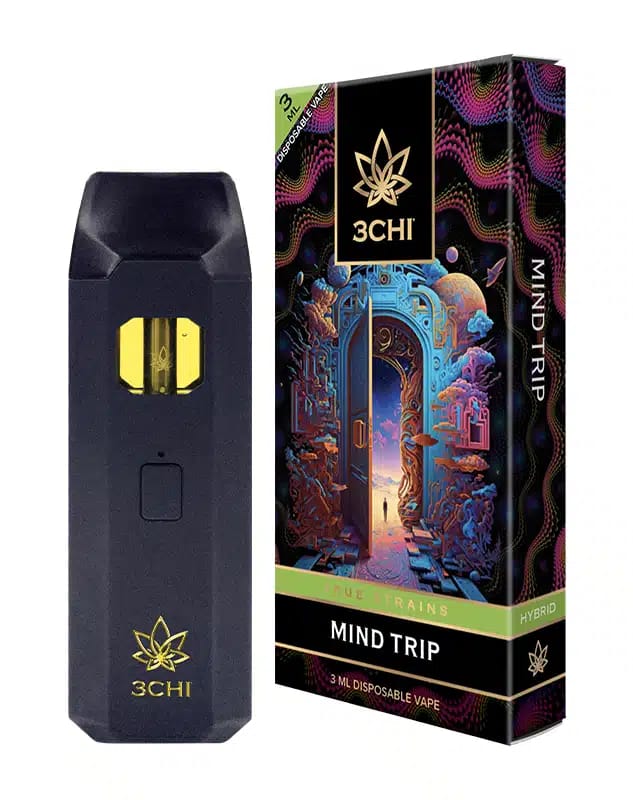 Front of True Strains Mind Trip THC Vape package featuring sleek, modern design with psychedelic, mind-expanding artwork