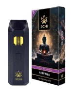 Front of True Strains Nirvana THC Vape package featuring sleek, modern design with tranquil, zen-inspired artwork