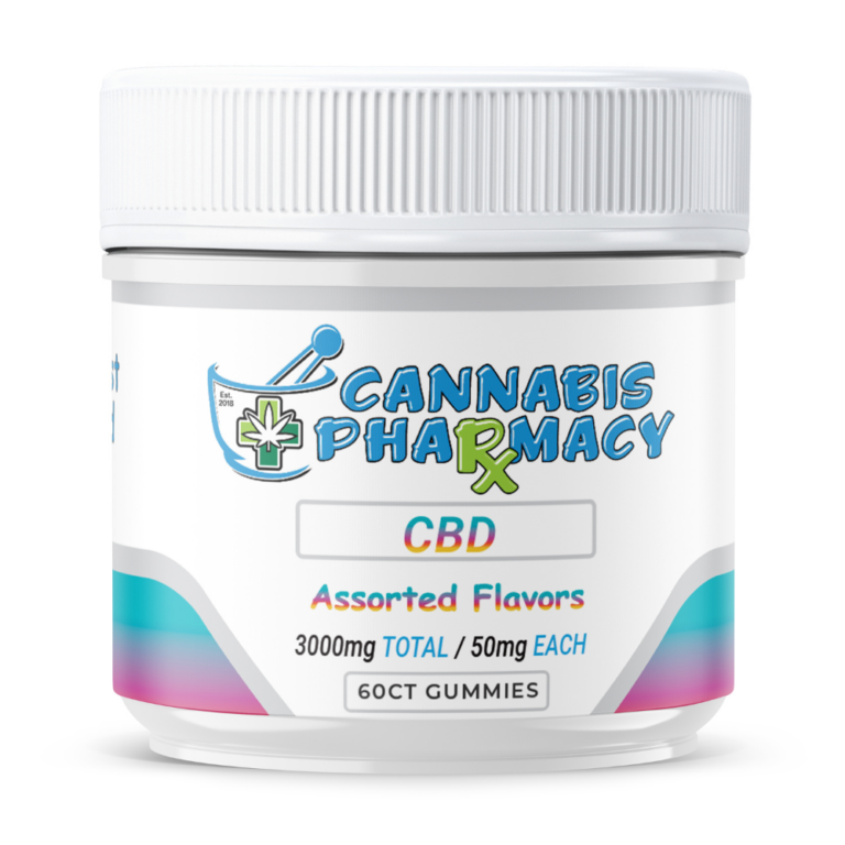Front of Cannabis Pharmacy 60ct CBD Gummies jar featuring clean, wellness-focused packaging with bold CBD labeling
