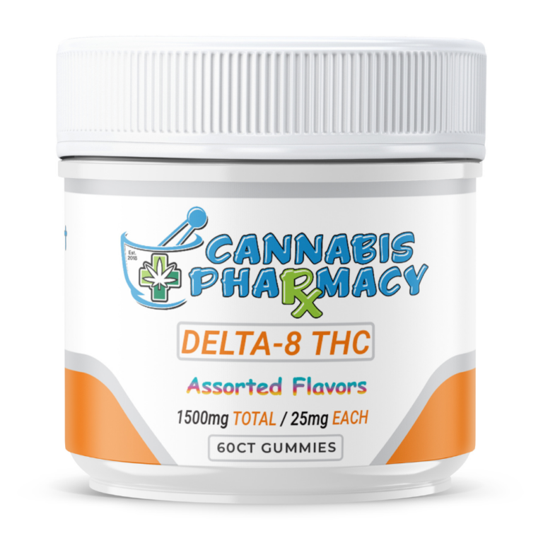 Front of Cannabis Pharmacy 60ct D8 Gummies jar featuring professional, wellness-style packaging with Delta-8 THC labeling