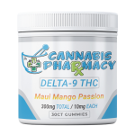 Front of Maui Mango Passion THC Gummies jar featuring vibrant tropical design with mango and passion fruit imagery