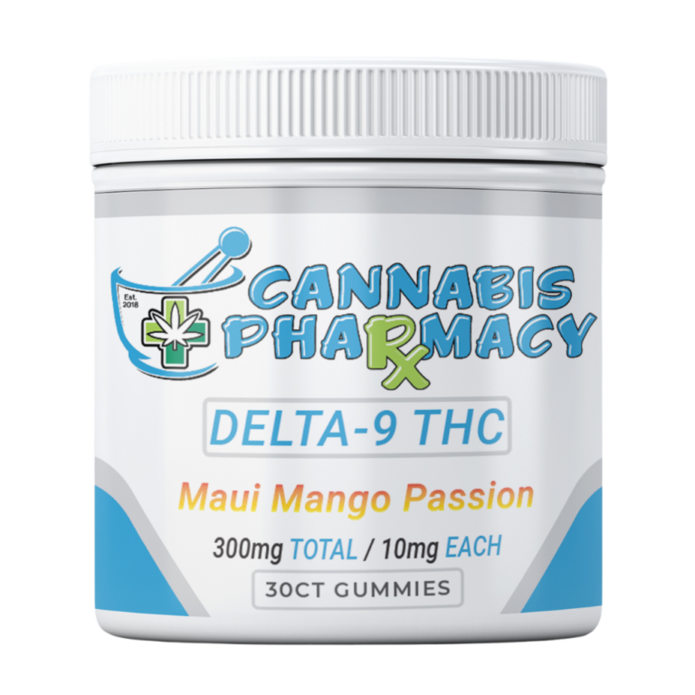 Front of Maui Mango Passion THC Gummies jar featuring vibrant tropical design with mango and passion fruit imagery