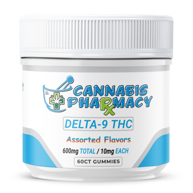Front of Cannabis Pharmacy 60ct THC Gummies jar featuring clean, clinical-style packaging with bold THC labeling