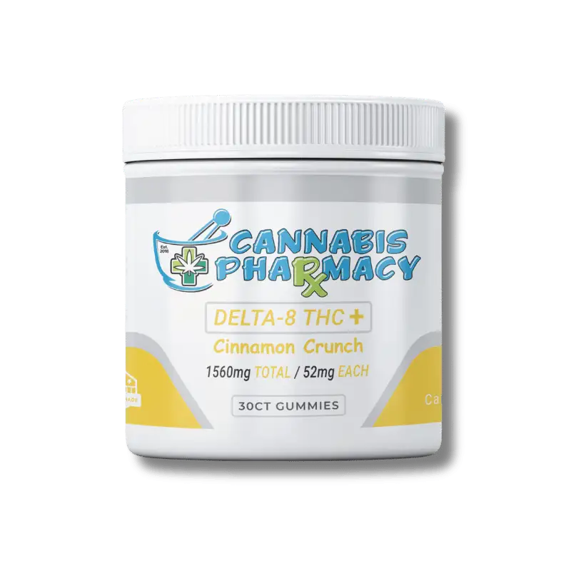 Cannabis Pharmacy Delta-8 THC Plus Gummies 30 count - Cinnamon Crunch flavor with 50mg Delta 8, 1mg THCA, and 1mg THCP