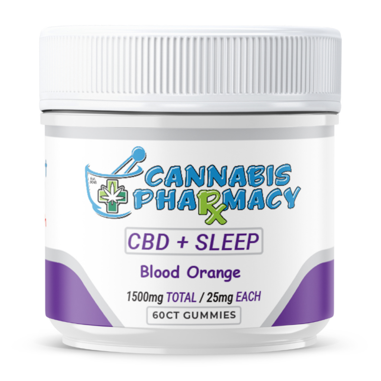 Front of Cannabis Pharmacy 60ct CBD Sleep Gummies jar featuring calming, wellness-focused packaging with CBD and sleep support labeling